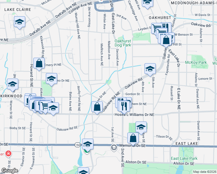 map of restaurants, bars, coffee shops, grocery stores, and more near 96 Lakeview Drive Northeast in Atlanta