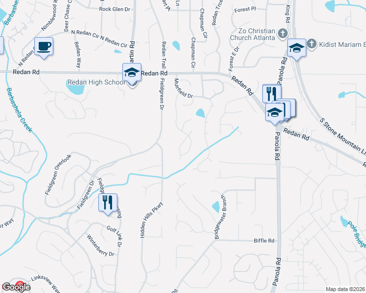 map of restaurants, bars, coffee shops, grocery stores, and more near 1322 Muirforest Way in Stone Mountain