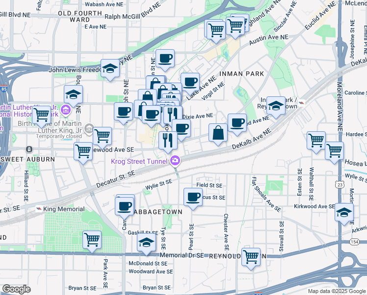 map of restaurants, bars, coffee shops, grocery stores, and more near 30 Waddell Street Northeast in Atlanta