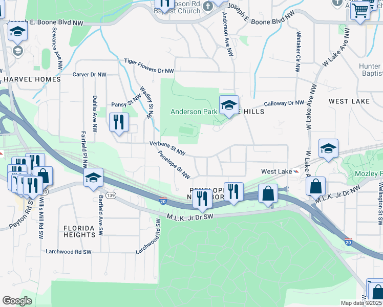 map of restaurants, bars, coffee shops, grocery stores, and more near 2065 Verbena Street Northwest in Atlanta