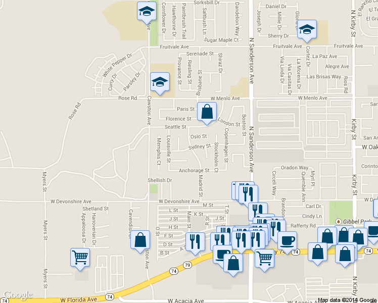 map of restaurants, bars, coffee shops, grocery stores, and more near 485 Madrid St in Hemet