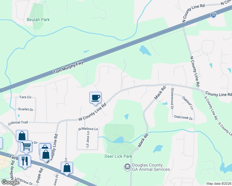 map of restaurants, bars, coffee shops, grocery stores, and more near 3356 West County Line Road in Douglasville