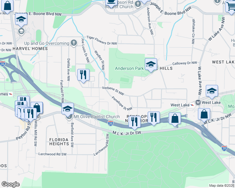 map of restaurants, bars, coffee shops, grocery stores, and more near 2094 Verbena Street Northwest in Atlanta