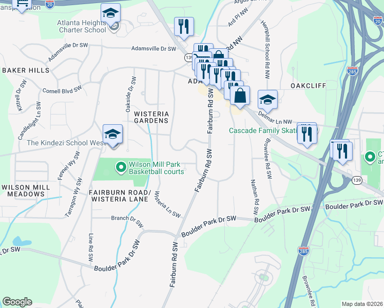 map of restaurants, bars, coffee shops, grocery stores, and more near 336 Howell Drive Southwest in Atlanta