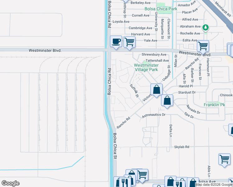 map of restaurants, bars, coffee shops, grocery stores, and more near 5052 Hampton Court in Westminster