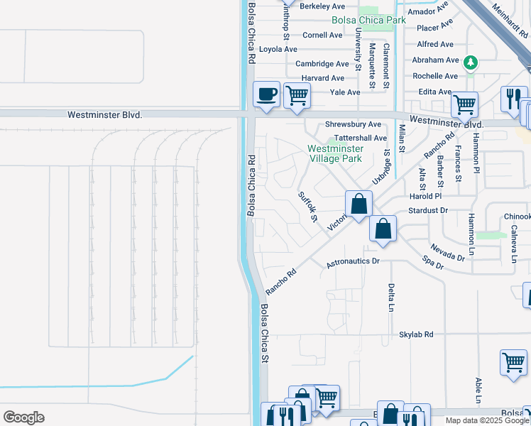 map of restaurants, bars, coffee shops, grocery stores, and more near 5042 Hampton Court in Westminster