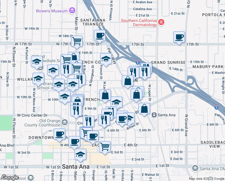 map of restaurants, bars, coffee shops, grocery stores, and more near 934 North Garfield Street in Santa Ana