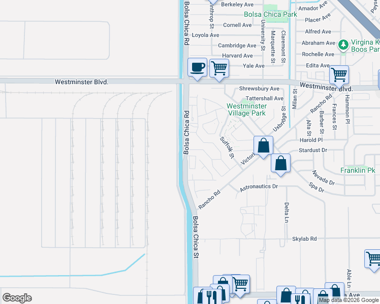 map of restaurants, bars, coffee shops, grocery stores, and more near 5006 Hampton Court in Westminster