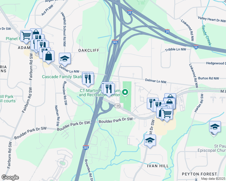 map of restaurants, bars, coffee shops, grocery stores, and more near 62 Harwell Road Northwest in Atlanta