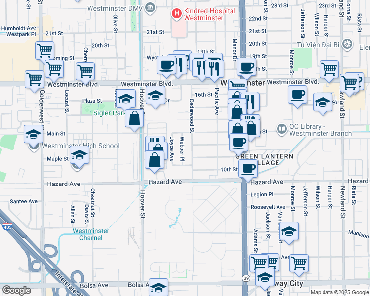 map of restaurants, bars, coffee shops, grocery stores, and more near 14312 Webber Place in Westminster