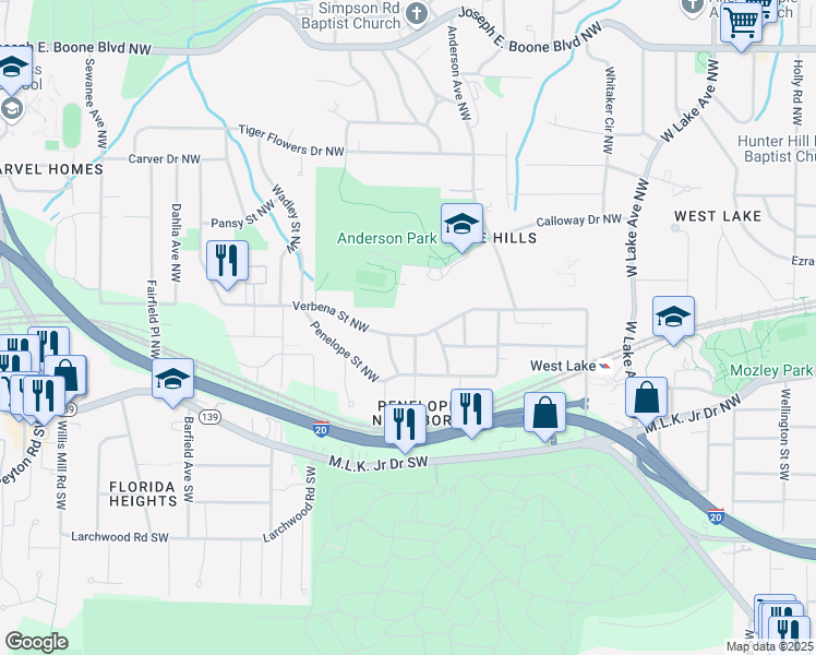 map of restaurants, bars, coffee shops, grocery stores, and more near 2045 Verbena Street Northwest in Atlanta