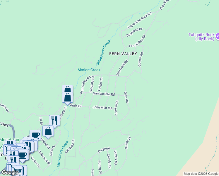 map of restaurants, bars, coffee shops, grocery stores, and more near 25270 Palomar Road in Idyllwild-Pine Cove