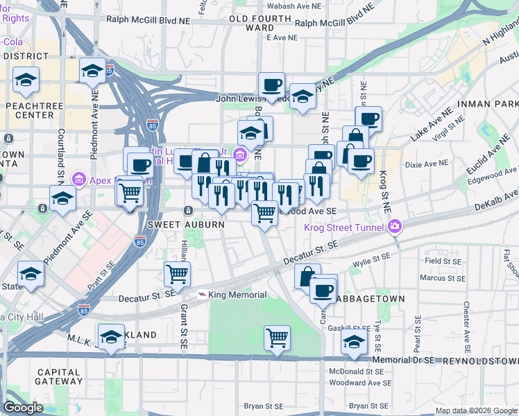 map of restaurants, bars, coffee shops, grocery stores, and more near 474 Edgewood Avenue Northeast in Atlanta