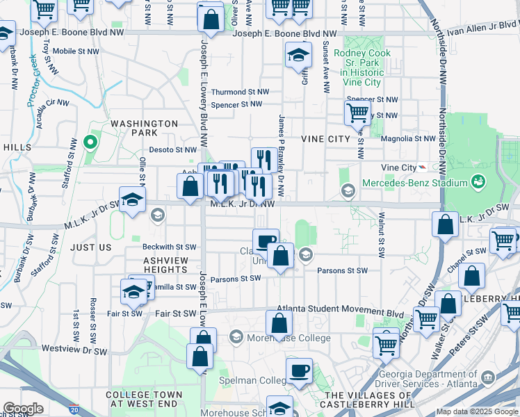 map of restaurants, bars, coffee shops, grocery stores, and more near 810 Martin Luther King Junior Drive Southwest in Atlanta