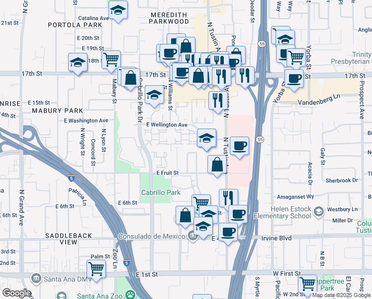 map of restaurants, bars, coffee shops, grocery stores, and more near 2021 Kristi Lane in Santa Ana