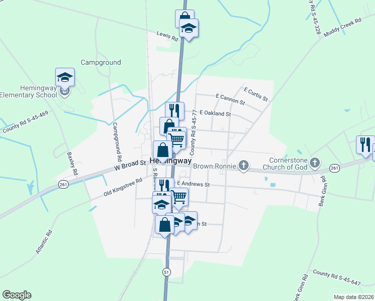 map of restaurants, bars, coffee shops, grocery stores, and more near 108 North Lafayette Street in Hemingway