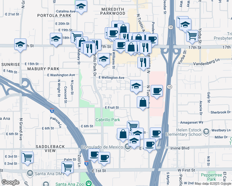 map of restaurants, bars, coffee shops, grocery stores, and more near 1026 Mirasol Street in Santa Ana