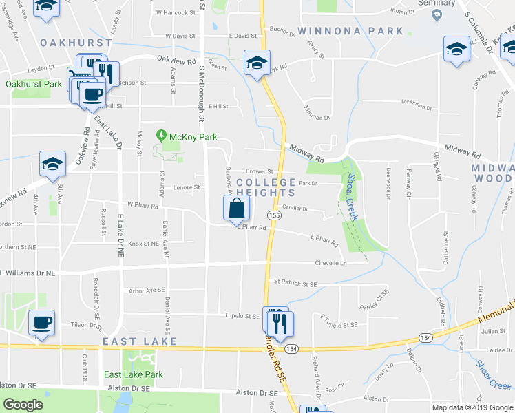 map of restaurants, bars, coffee shops, grocery stores, and more near 150 McClean Street in Decatur
