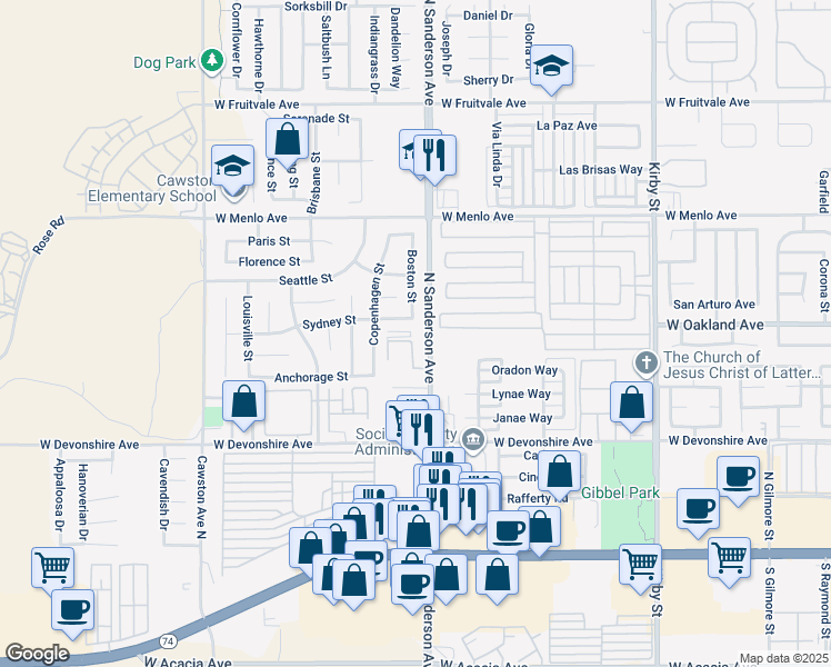 map of restaurants, bars, coffee shops, grocery stores, and more near 411 North Sanderson Avenue in Hemet
