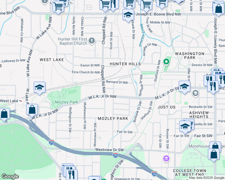 map of restaurants, bars, coffee shops, grocery stores, and more near 1310 Chicamauga Avenue Northwest in Atlanta