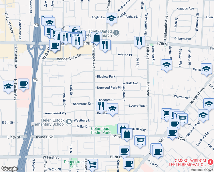map of restaurants, bars, coffee shops, grocery stores, and more near 17861 Norwood Park Place in Tustin
