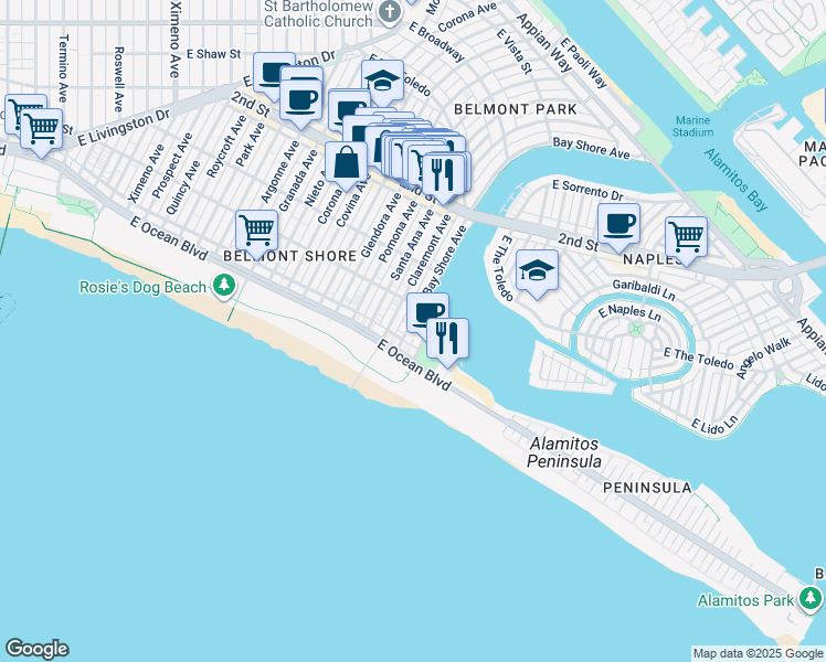 map of restaurants, bars, coffee shops, grocery stores, and more near 40 Bay Shore Avenue in Long Beach
