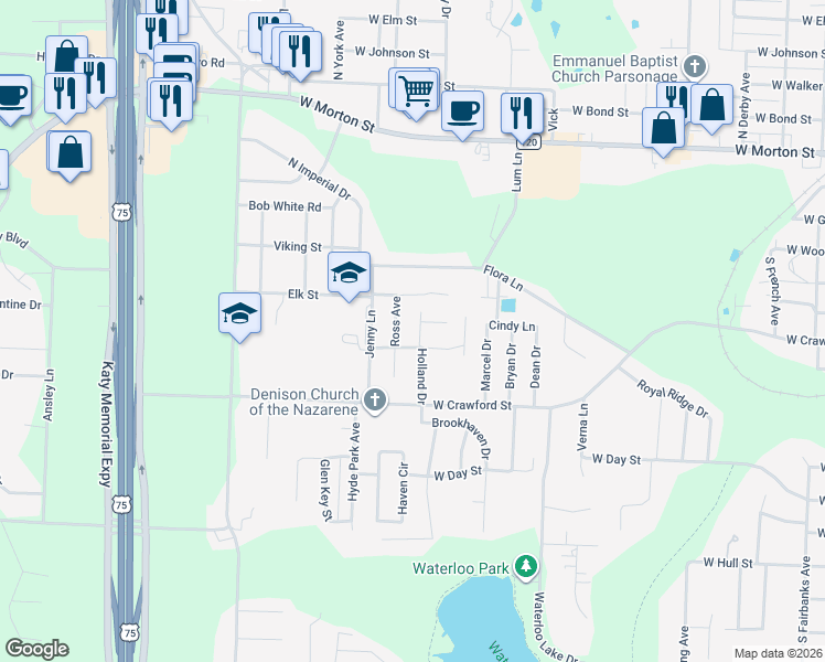 map of restaurants, bars, coffee shops, grocery stores, and more near 221 Holland Drive in Denison
