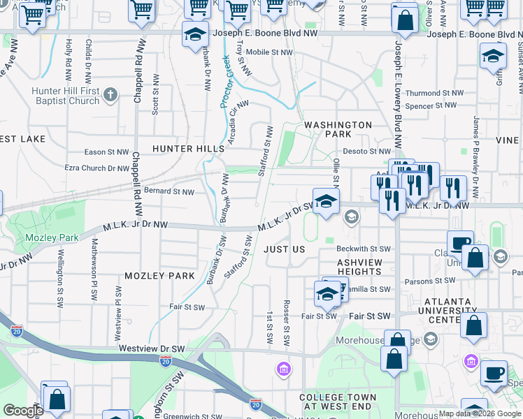 map of restaurants, bars, coffee shops, grocery stores, and more near 8 Stafford Street Southwest in Atlanta