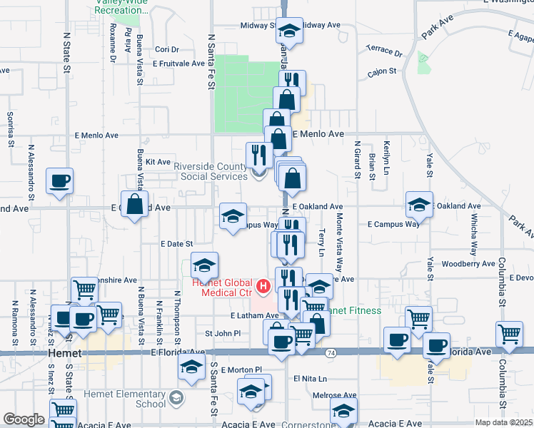 map of restaurants, bars, coffee shops, grocery stores, and more near 456 North Weston Place in Hemet