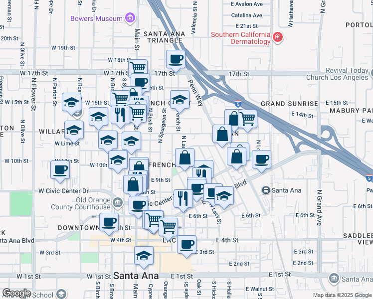 map of restaurants, bars, coffee shops, grocery stores, and more near 419 Wellington Avenue in Santa Ana