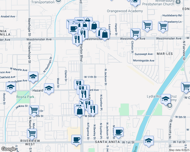 map of restaurants, bars, coffee shops, grocery stores, and more near 1102 North Bewley Street in Santa Ana