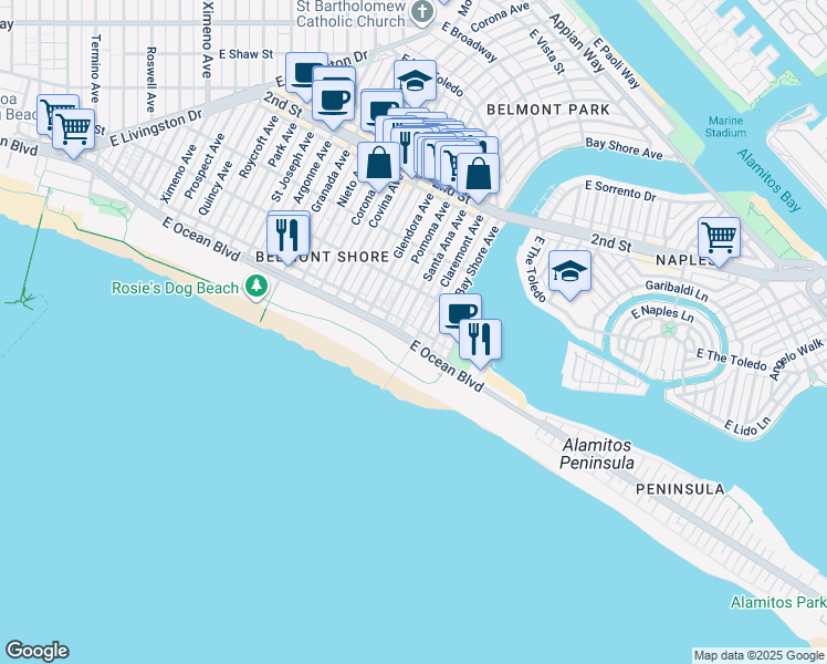 map of restaurants, bars, coffee shops, grocery stores, and more near 5351 East Ocean Boulevard in Long Beach