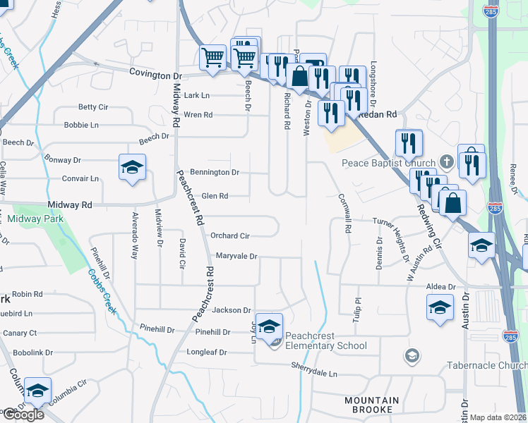map of restaurants, bars, coffee shops, grocery stores, and more near 3506 Orchard Circle in Decatur