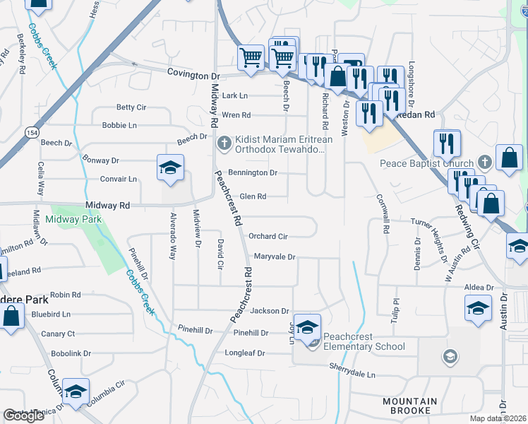 map of restaurants, bars, coffee shops, grocery stores, and more near 3438 Orchard Circle in Decatur
