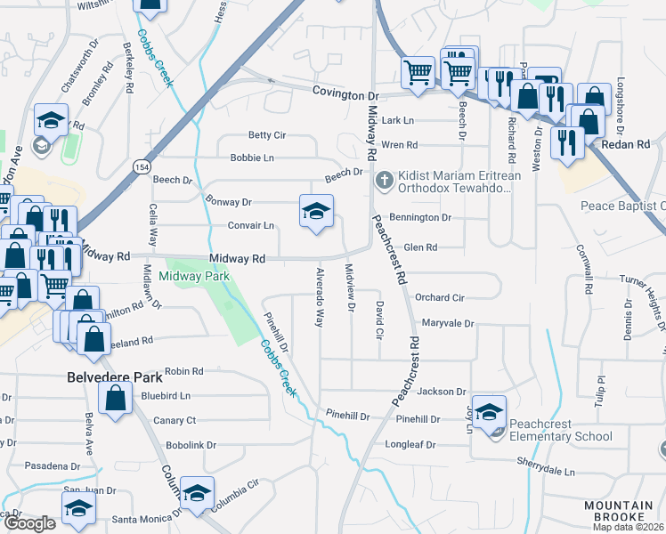 map of restaurants, bars, coffee shops, grocery stores, and more near 3331 Midway Road in Decatur