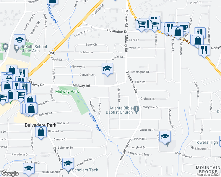 map of restaurants, bars, coffee shops, grocery stores, and more near 3331 Midway Road in Decatur