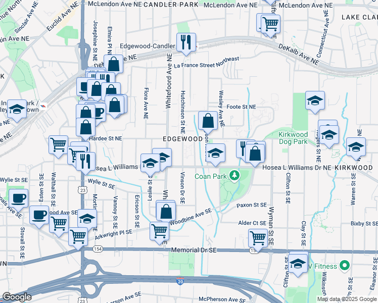 map of restaurants, bars, coffee shops, grocery stores, and more near 3739 Hutchinson Street Northeast in Atlanta