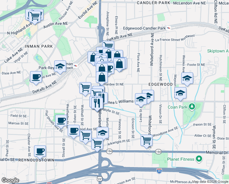 map of restaurants, bars, coffee shops, grocery stores, and more near 34 Sanderson Street Northeast in Atlanta