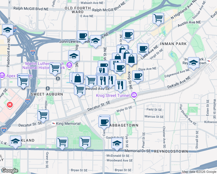 map of restaurants, bars, coffee shops, grocery stores, and more near in Atlanta