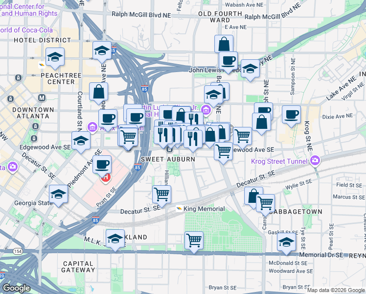 map of restaurants, bars, coffee shops, grocery stores, and more near 384 T Edgewood Avenue Southeast in Atlanta