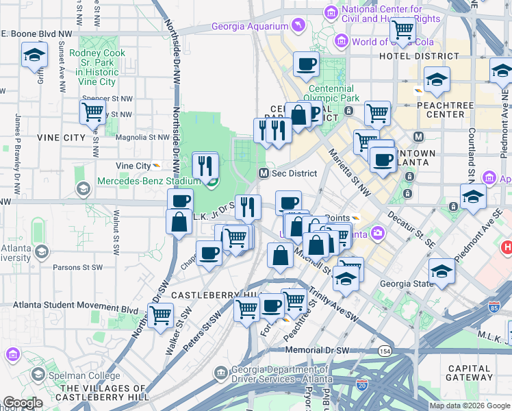 map of restaurants, bars, coffee shops, grocery stores, and more near 290 Martin Luther King Junior Drive Southwest in Atlanta