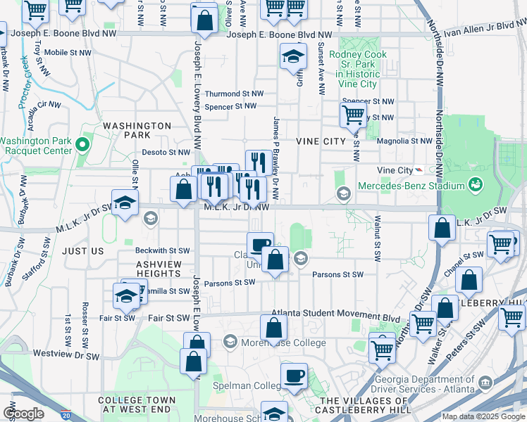 map of restaurants, bars, coffee shops, grocery stores, and more near 810 Martin Luther King Junior Drive Southwest in Atlanta