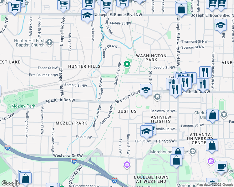 map of restaurants, bars, coffee shops, grocery stores, and more near 8 Stafford Street Southwest in Atlanta