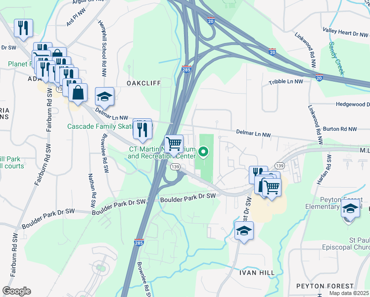map of restaurants, bars, coffee shops, grocery stores, and more near 62 Harwell Road Northwest in Atlanta