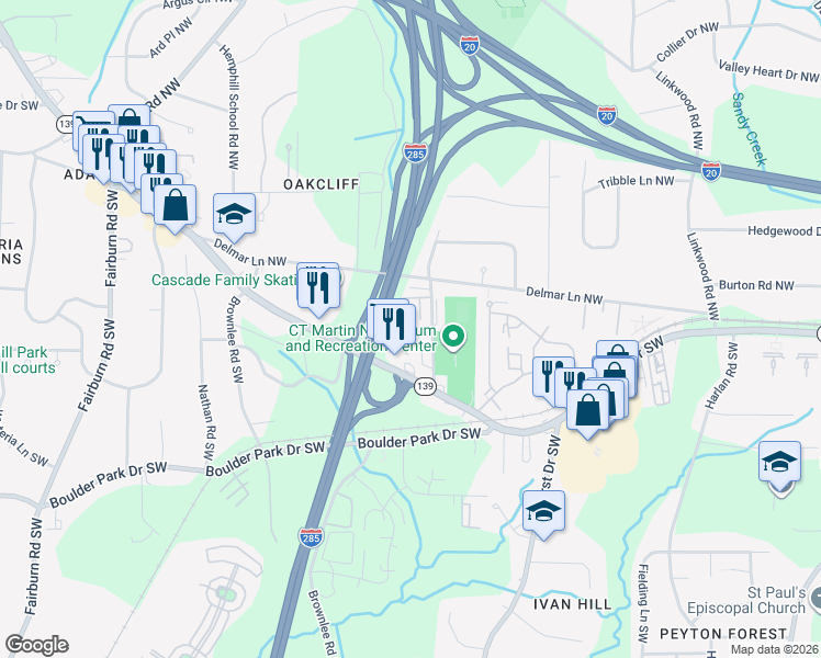 map of restaurants, bars, coffee shops, grocery stores, and more near 62 Harwell Road Northwest in Atlanta