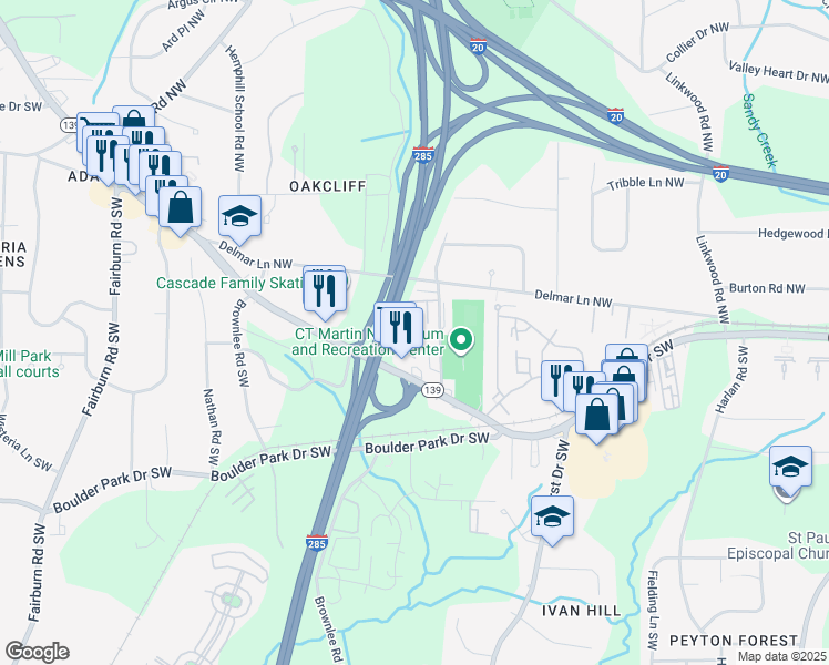 map of restaurants, bars, coffee shops, grocery stores, and more near 62 Harwell Road Northwest in Atlanta