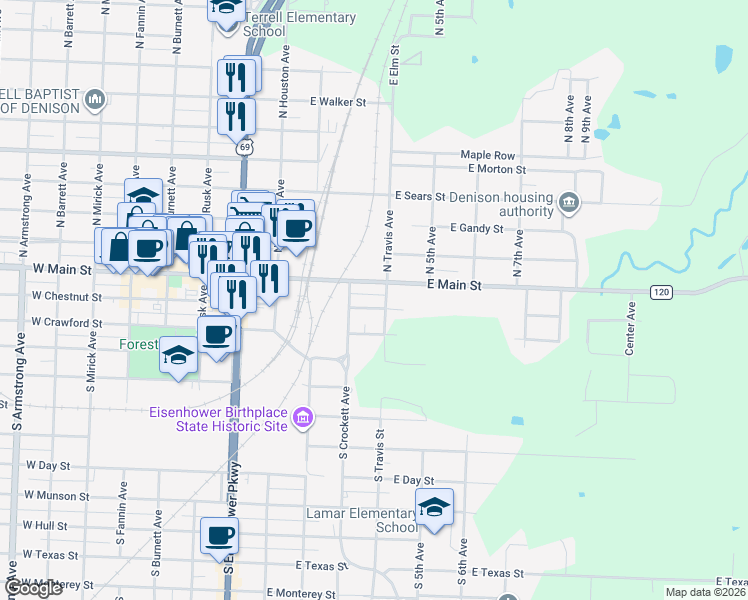 map of restaurants, bars, coffee shops, grocery stores, and more near 323 E Chestnut St in Denison