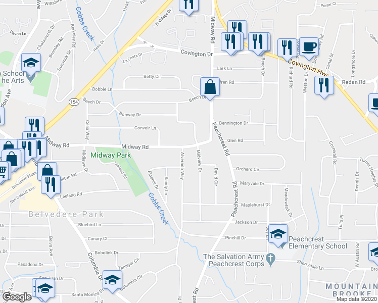 map of restaurants, bars, coffee shops, grocery stores, and more near 3331 Midway Road in Decatur