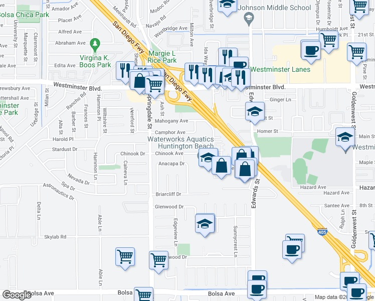 map of restaurants, bars, coffee shops, grocery stores, and more near 6171 Chinook Avenue in Westminster