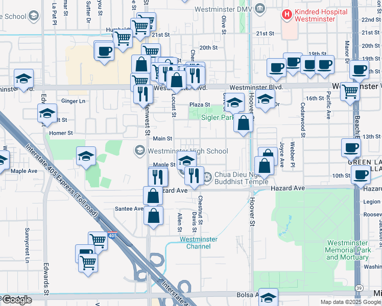 map of restaurants, bars, coffee shops, grocery stores, and more near 14292 Village Way in Westminster
